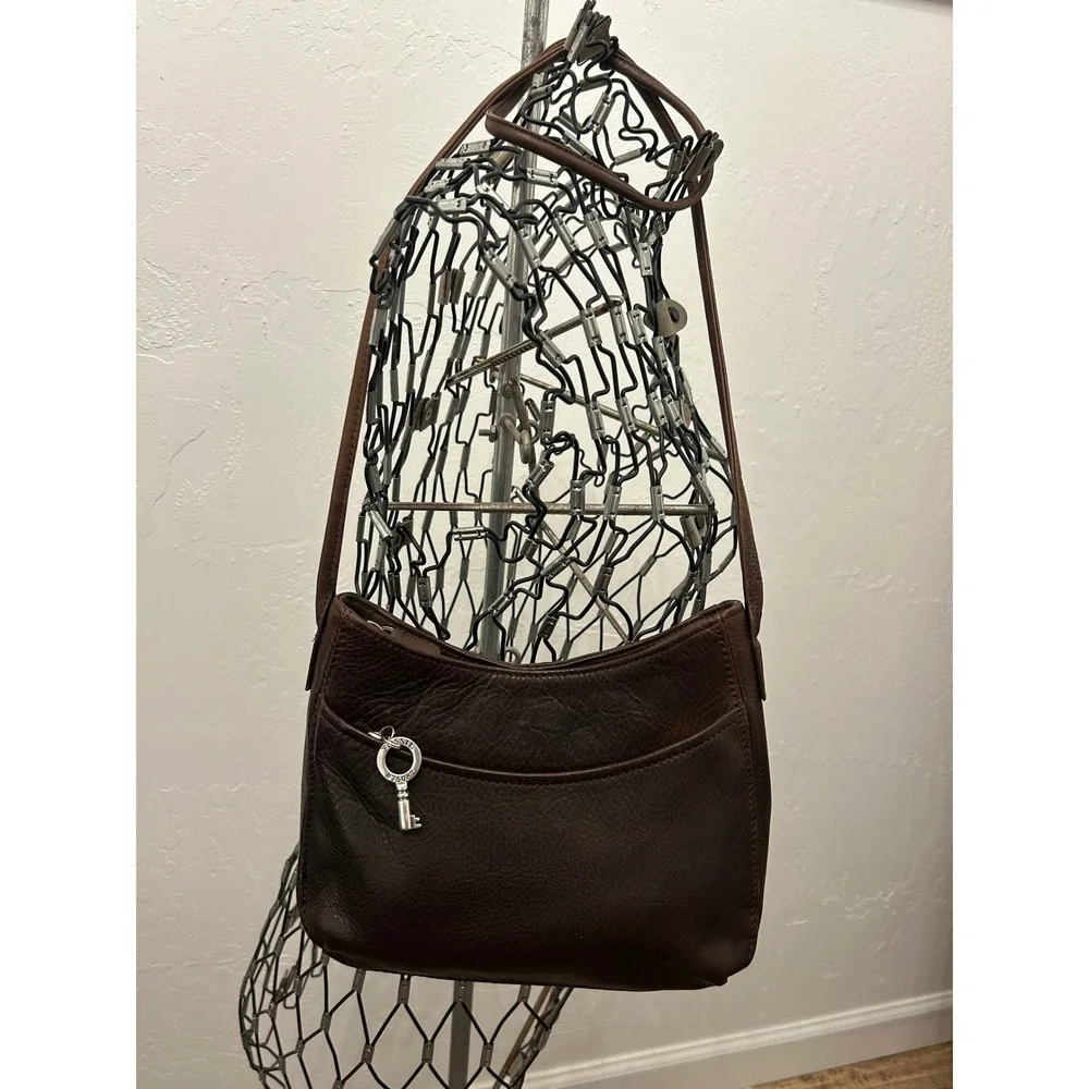 Fossil Dark Brown Pebbled Leather Small Crossbody Bag with Key Charm